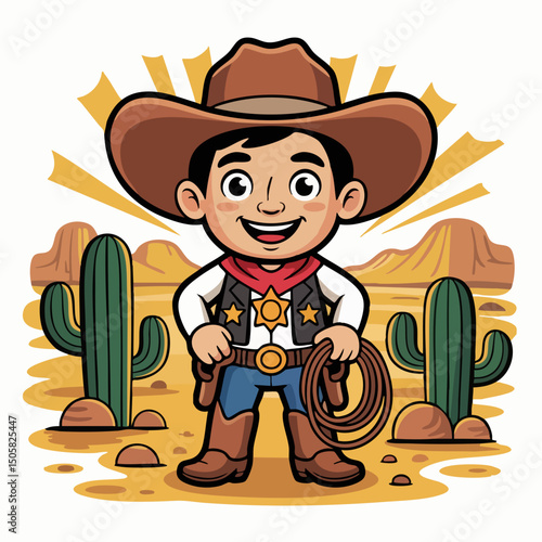 Cute Cartoon Cowboy Character Illustration – Kid-Friendly Western Mascot with Hat, Lasso, Boots and Big Smile in Flat Vector Style