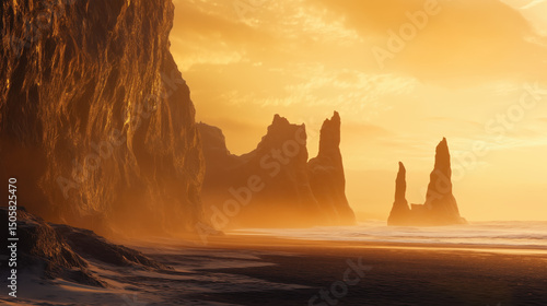Breathtaking sunset over rocky coastline with formations along the beach