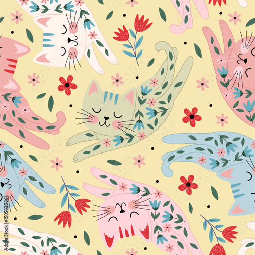 seamless pattern with cute floral cat