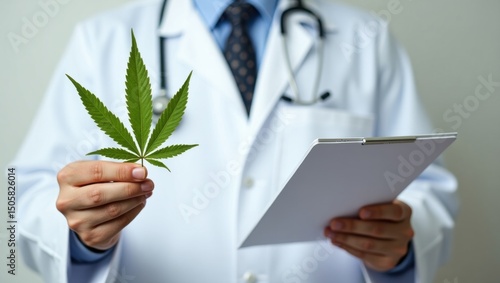 Medical professional evaluating cannabis treatment options clinic medical image indoor setting close-up health concept