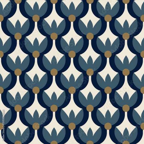 Elegant scallop pattern small light flowers motif seamless classic blue floral background. Modern Japanese style fabric design textile swatch ladies dress allover print block. High resolution image.