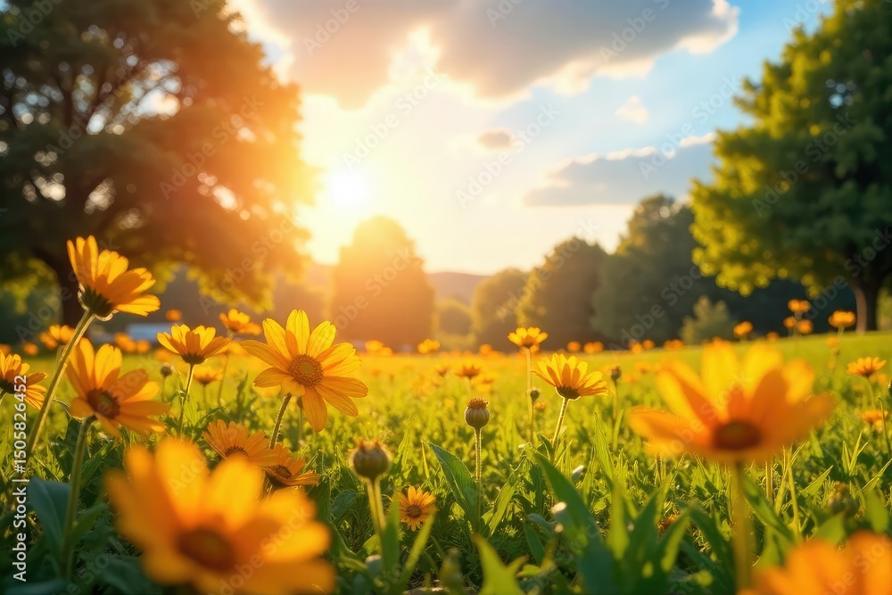 Fototapeta premium A vibrant, sun-drenched scene bursting with joyful energy Golden sunlight illuminates a landscape filled with uplifting and cheerful colors , picturesque, sky