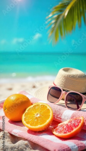 Vibrant summer scene featuring bright citrus fruits, sunglasses, and beach towels, radiating warmth and holiday cheer Perfect for travel, summer fun, and vacation themes , summer, towel, leisure