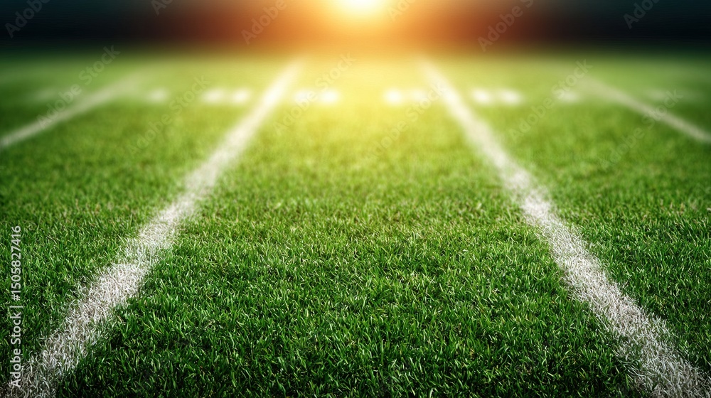 Obraz premium American football grass field with white yard lines, bright sunlight, vivid colors, close-up sports concept