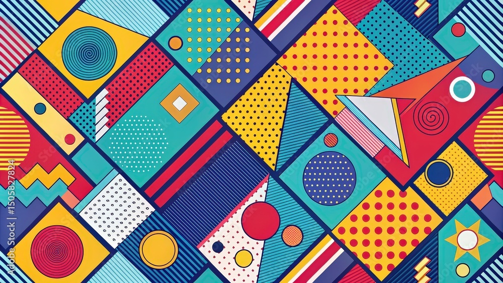 Obraz premium A seamless pattern of bold geometric shapes and playful patterns in vibrant colors, perfect for a retro-inspired design project.