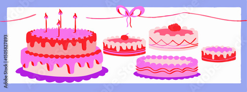 Pink Birthday Cakes with Candles, Illustration