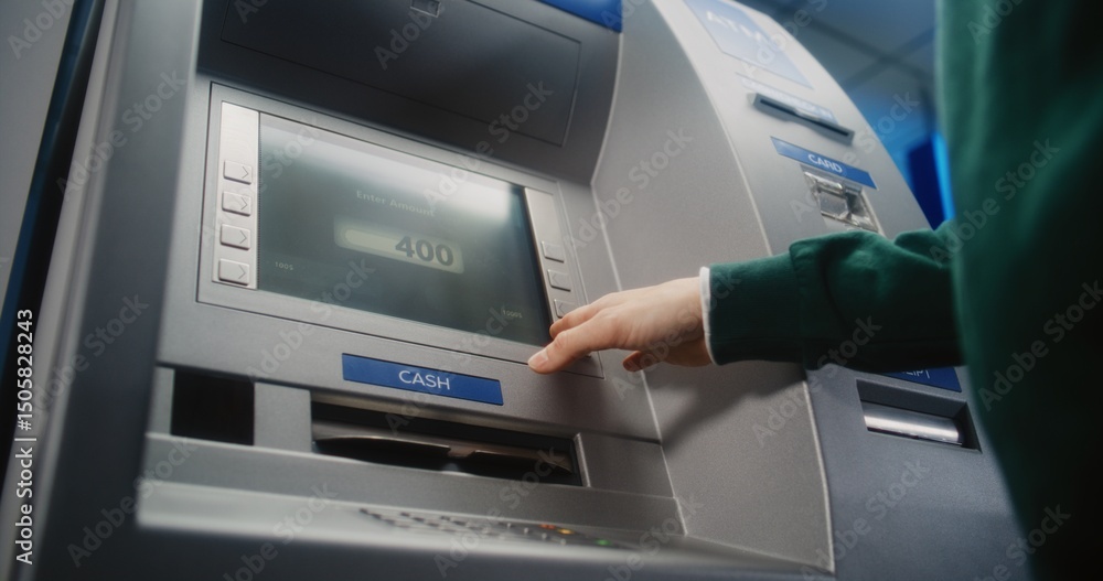 Unrecognizable Person Entering PIN Code on ATM Keypad to Withdraw Money. Error Message on Cash Machine Display About Transaction Cancellation Due to No Cash Available. Banking Equipment. Close Up. Unrecognizable Person Entering PIN Code on ATM Keypad to Withdraw Money. Error Message on Cash Machine Display About Transaction Cancellation Due to No Cash Available. Banking Equipment. Close Up.