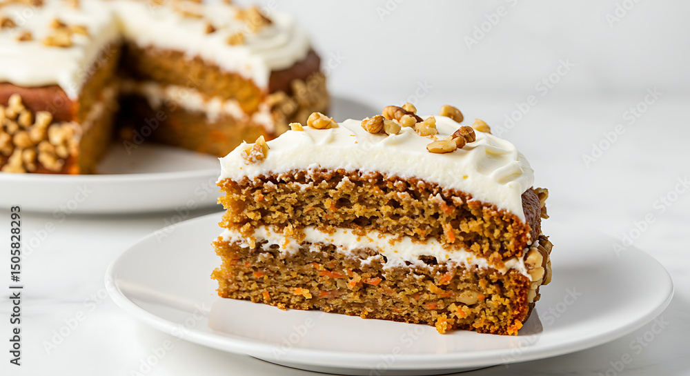 Carrot cake slice with cream cheese frosting and chopped walnuts, served on a white plate, isolated on a bright white background, soft natural lighting, crisp focus Carrot cake slice with cream cheese frosting and chopped walnuts, served on a white plate, isolated on a bright white background, soft natural lighting, crisp focus