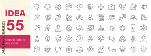 Idea icon set. Containing creative, brainstorming, solution, thinking, lightbulb, brain, innovation, inspiration, invention and more. Editable line icons. Vector illustration.