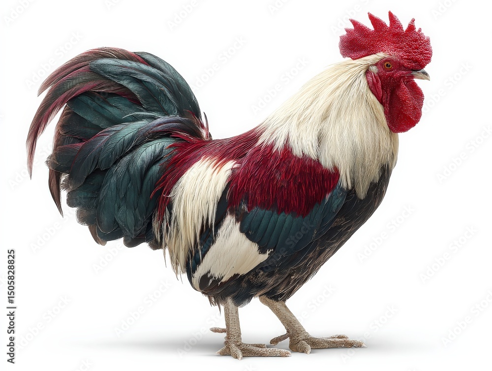 Fototapeta premium A vibrant rooster, showcasing its striking plumage of red, white, and teal.