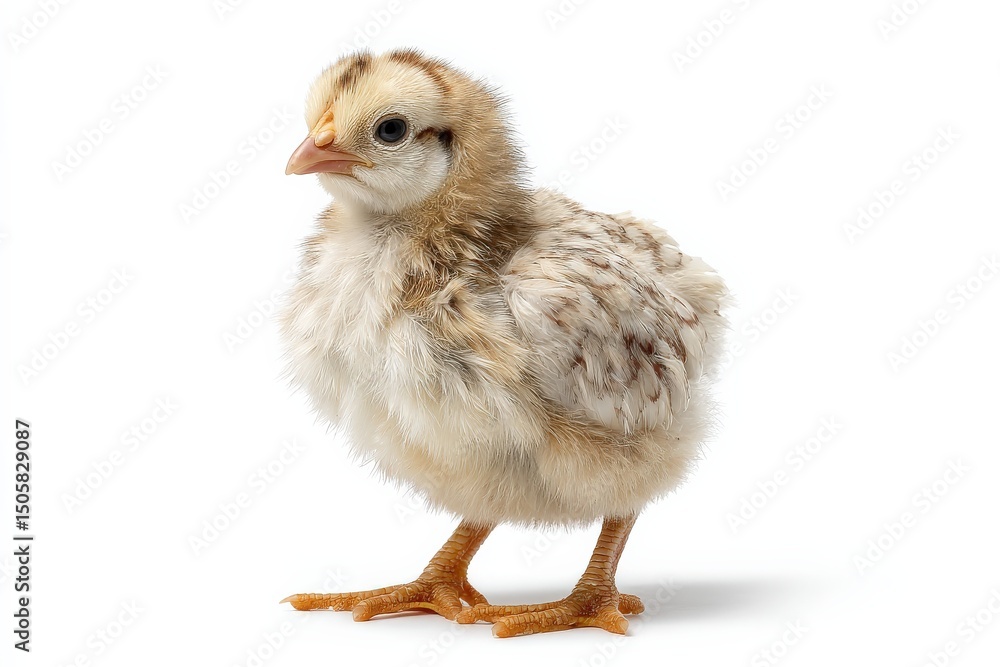 Obraz premium Adorable fluffy chick standing on white background.
