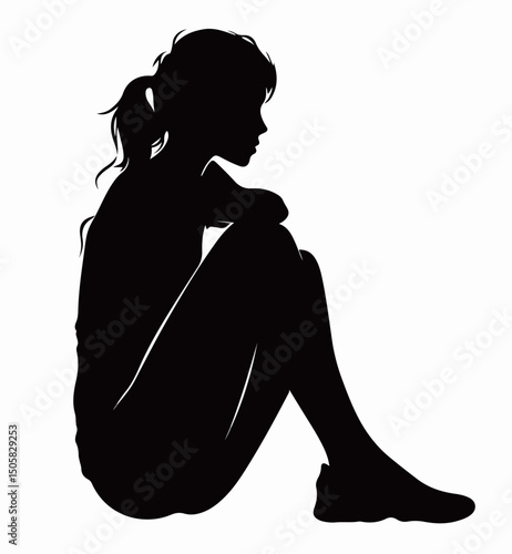 The girl sat on the ground thinking about black and white vectors