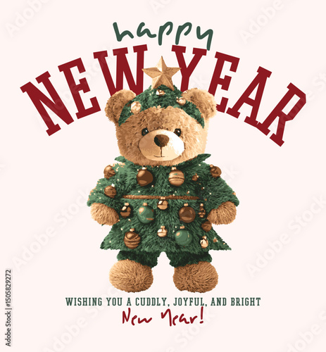 Christmas themed cute teddy bear vector illustration.Christmas Greeting Card with Santa Claus.Happy new year lettering.T-shirt Graphics.New Year Cards.Cute teddy bear graphic design wit