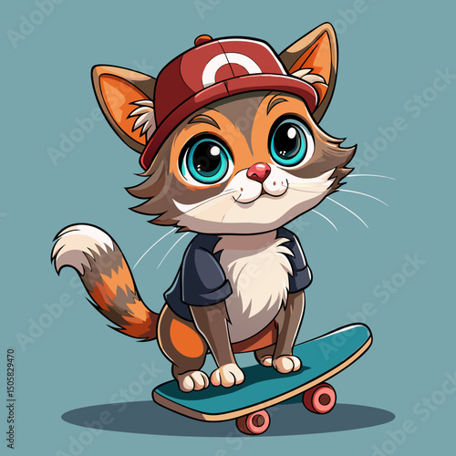 Adorable Cartoon Cat Skateboarding Wearing a Cap