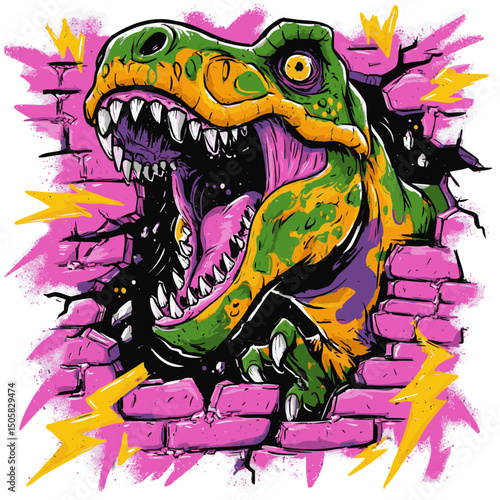 Vibrant street art of a multicolored T-Rex dinosaur breaking through a cracked wall, combining comic style and urban graffiti. Generative by AI
