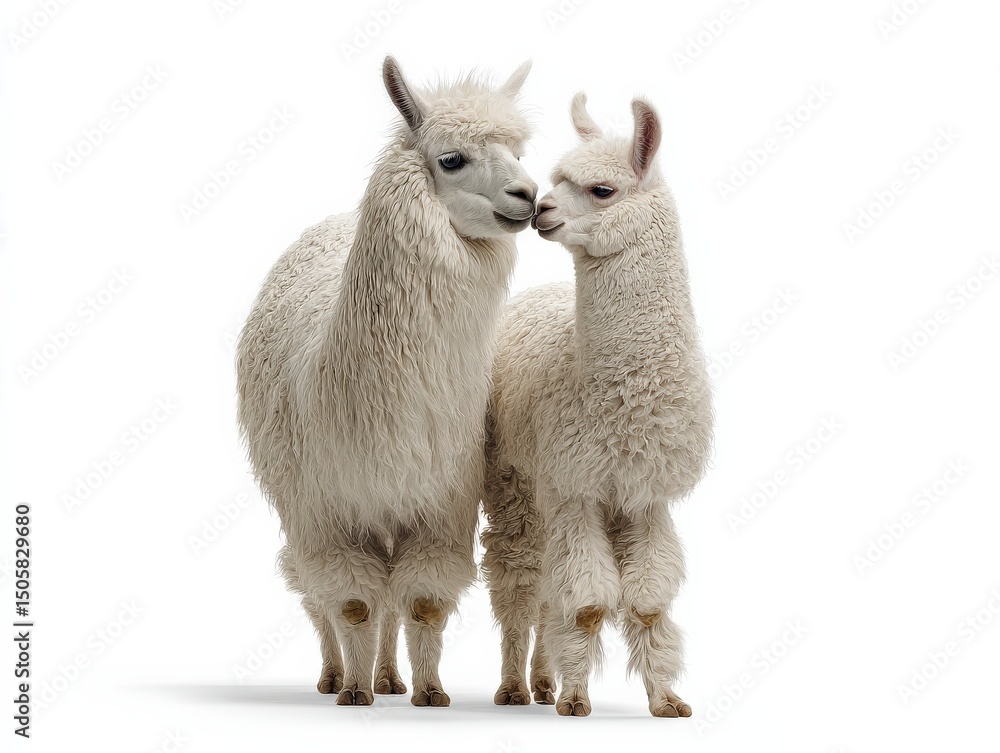 Obraz premium Two fluffy white alpacas nuzzle noses, a sweet moment of animal affection.