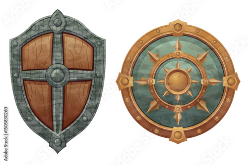 detailed vector illustration showing of fantasy and ancient weapons shield isolated on white background