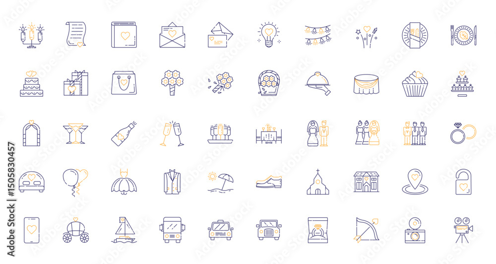 Collection of 50 wedding icons Mostly thin lines with some golden accents Collection of 50 wedding icons Mostly thin lines with some golden accents