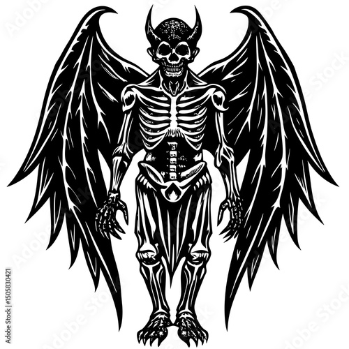 Skeletal Demon with Large Wings Gothic Illustration