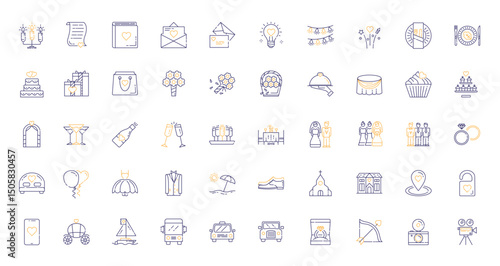 Collection of 50 wedding icons Mostly thin lines with some golden accents
