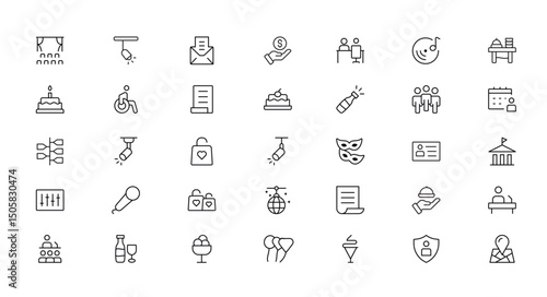 Icon set featuring theater curtains spotlight cake champagne bottle disco ball mask menu location pin and more