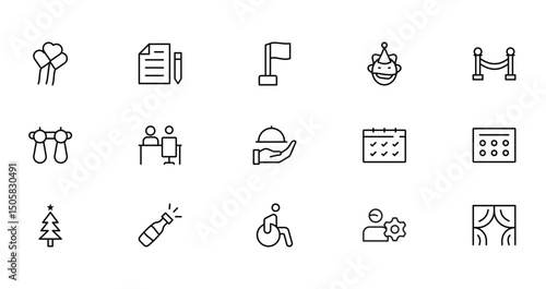 Icon set with balloons document flag clown stanchions curtains wheelchair Champagne calendar and Christmas tree