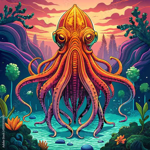 Giant Octopus in Vibrant Underwater Fantasy Landscape