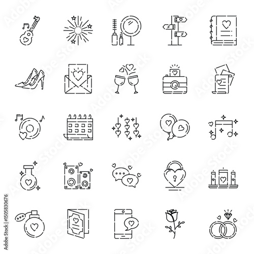 Icons illustrate wedding themes Hearts rings flowers music and cosmetics are depicted in outline