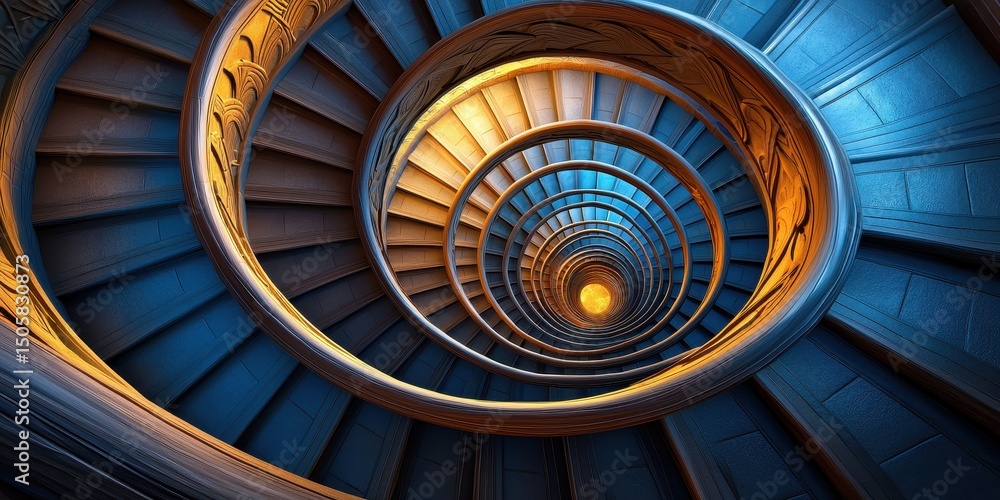 Obraz premium A mystical stairwell of life, spiraling upwards into the heavens, symbolizing growth, wisdom, and spiritual ascension.