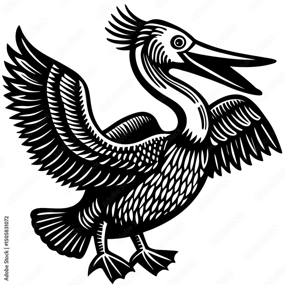 Fototapeta premium Black and White Pelican Illustration Woodcut Style Bird Graphic