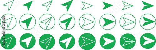 green send message icon set, share direct message icons button. Paper plane collection. social media, email, sending DM symbol.