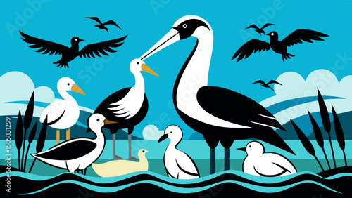 A Variety of Water Birds in a Wetland Habitat Illustration