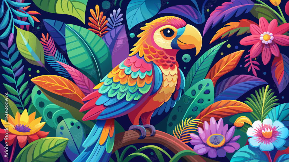 Obraz premium Vibrant Rainbow Parrot in Lush Tropical Floral Paradise