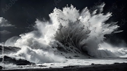Wallpaper Mural Ocean Wave Explosion Generated AI Art, Dramatic Black and White Seascape Torontodigital.ca