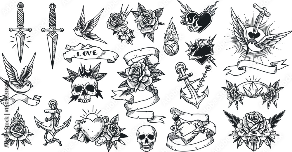 Vintage tattoo designs: skulls, daggers, anchors, and roses in classic style