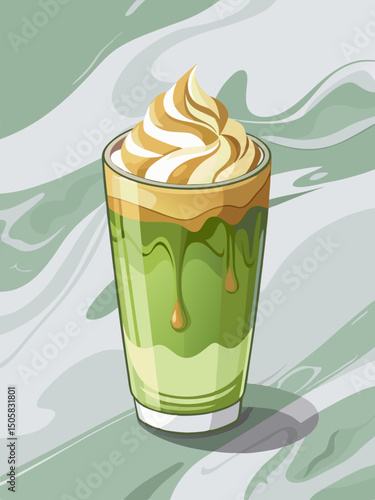 Iced matcha latte with whipped cream and caramel drizzle