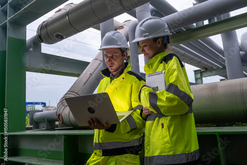 Two construction workers review plans on a laptop at an industrial site during the day near large pipes in bright safety gear