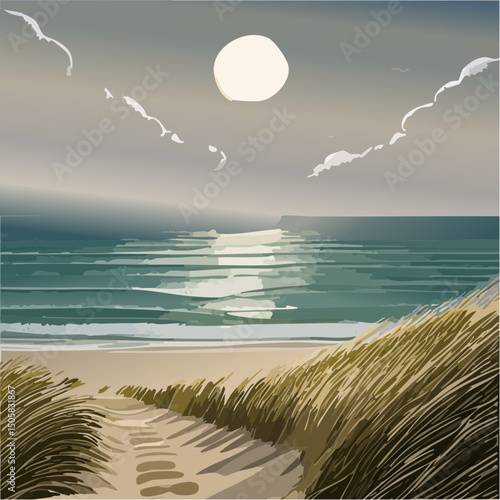 Path through beach grass leading to ocean under moonlight