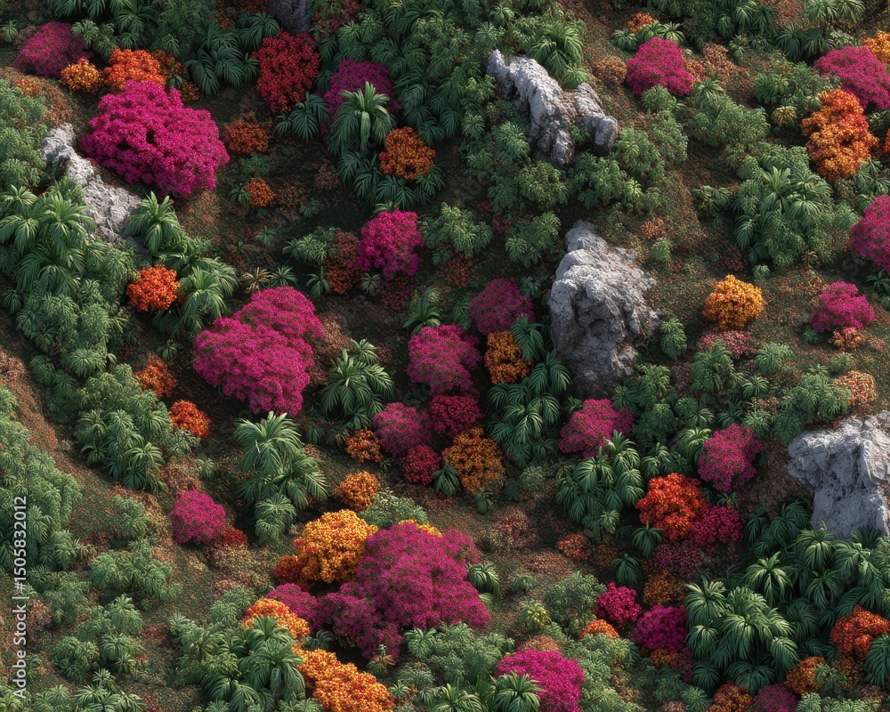 Fototapeta premium Lush hillside landscape with vibrant flowers and foliage.