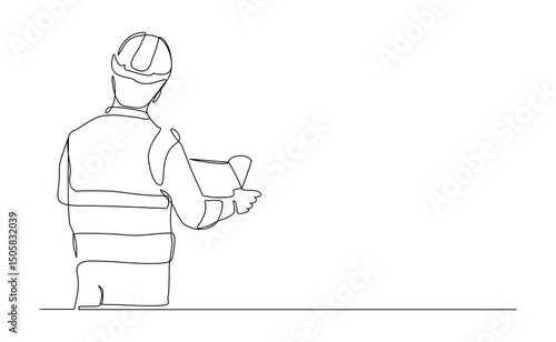 Continuous line drawing of construction worker holding blue print paper and note. One single line of architect holding design paper of building. Vector illustration sketch editable stroke