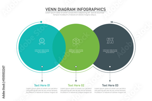 Venn diagram infographic chart template for business 3,  parts, options, presentation with venn diagram elements vector illustration.
