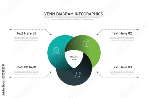 Venn diagram infographic chart template for business 3,  parts, options, presentation with venn diagram elements vector illustration.

