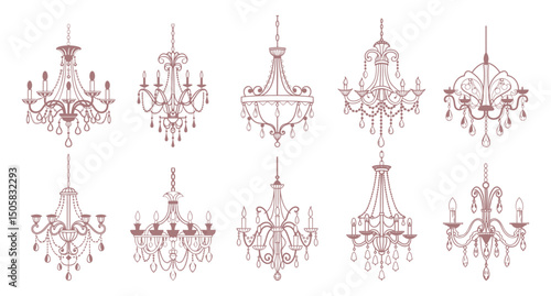 Collection of various pink chandeliers. Hand drawn illustration of antique crystal chandeliers. Sketch drawing.