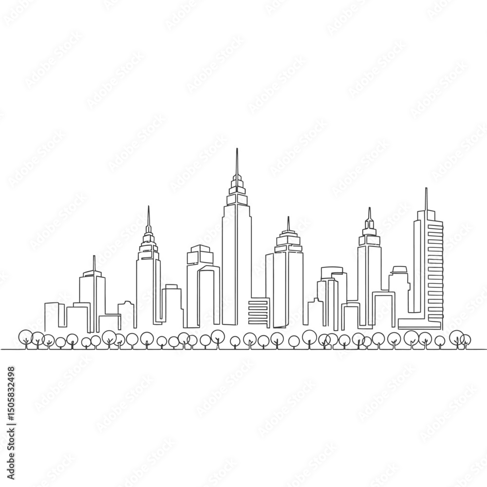 Obraz premium Vector art of Continuous line drawing of a city skyline with modern architecture, urban landscape, and a row of trees isolated on white background.