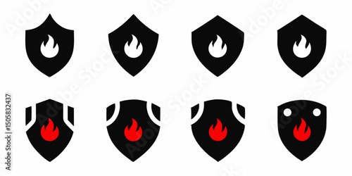 Fiery shield design protective emblem with blazing flames