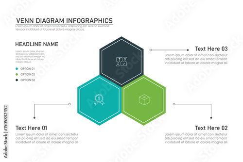 Venn diagram infographic chart template for business 3,  parts, options, presentation with venn diagram elements vector illustration.
