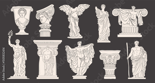 Collection of ancient Greek and Roman sculptures and architectural elements. Sketch of black outline illustration.
