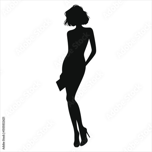 (Peep-toe heels)Vector Silhouette of a Woman in a Dress with a Clutch/Elegant silhouette of a woman, likely in a fashionable dress, holding a clutch.