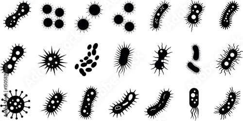 Silhouette illustration of various bacteria and virus shapes in black