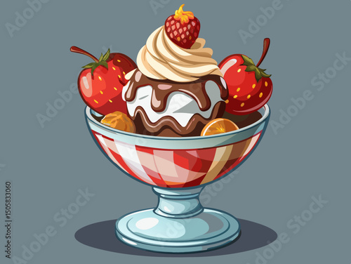 Delicious chocolate ice cream sundae with strawberries